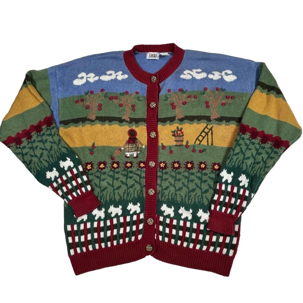 Vintage Lucia Apple Orchard Farm Cardigan Sweater XL Novelty Country Dog Festive